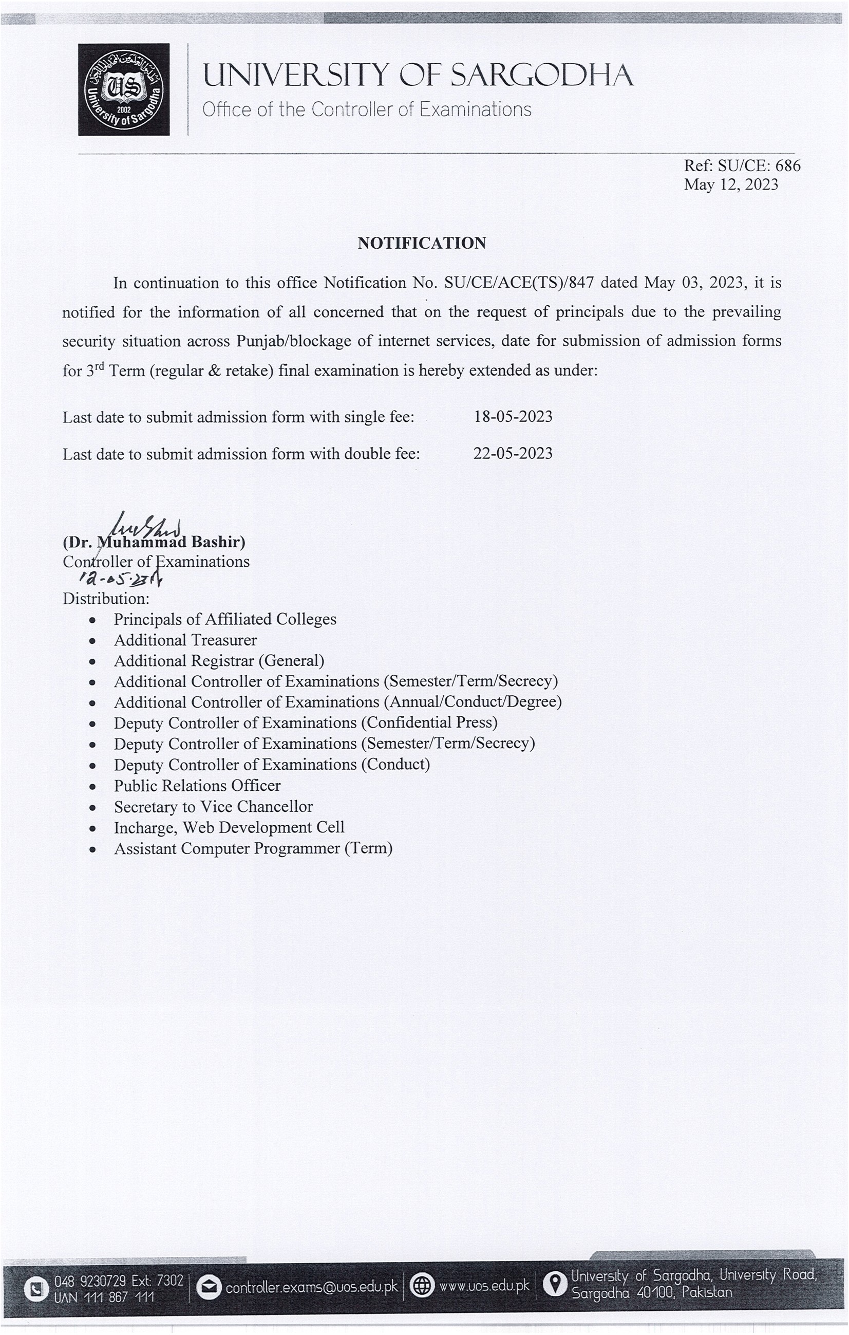 Revised Admission Schedule 3rd Term 2023 (12-05-2023)